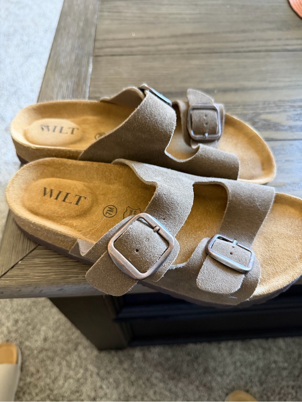 WILT Brown Suede Double-Buckle Slide Sandals